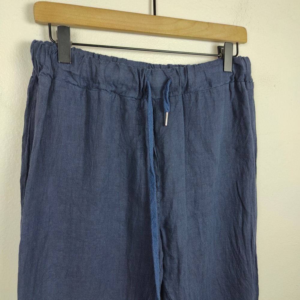 Meo Meo Linen Wide Leg Pants Womens One Size Cropped Raw Hem Navy Blue Beachy - Picture 3 of 8